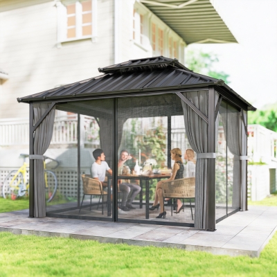 Outsunny 10' x 12' Hardtop Gazebo Canopy with Double Galvanized Steel Roof, Aluminium Frame Permanent Outdoor Gazebo, Dark Grey