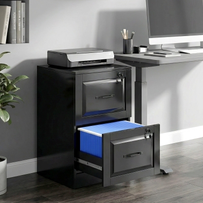 HOMCOM 2 Drawer File Cabinet with Lock, Vertical Filing Cabinet with Adjustable Hanging Bars for A4 and Letter Size, Black