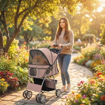 PawHut Pet Stroller for Dogs & Cats, Foldable Dog Stroller with Wheels, Reflective Strips, Brake, Pad and Basket, Coffee