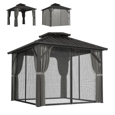 Outsunny 10' x 10' Hardtop Gazebo Canopy with Double Galvanized Steel Roof, Aluminium Frame Permanent Outdoor Gazebo, Dark Grey