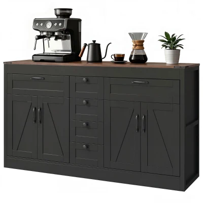 HOMCOM Sideboard Buffet Cabinet, 55" Farmhouse Kitchen Cabinet with 4 Barn Doors, 6 Drawers and 2 Adjustable Shelves, Black