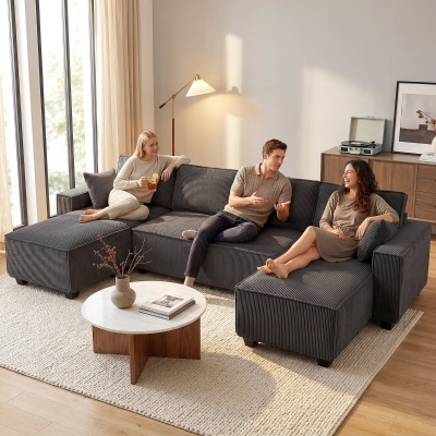HOMCOM Modular U Shaped Couch, Sectional Sofa with Double Chaises and Spring Cushions, Dark Grey