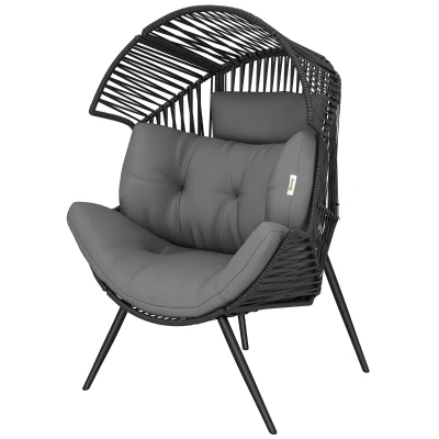 Outsunny Wicker Egg Chair, Indoor Outdoor Rattan Lounge Chair with Thick Cushion and Headrest, Steel Frame, Adjustable Pads, Grey