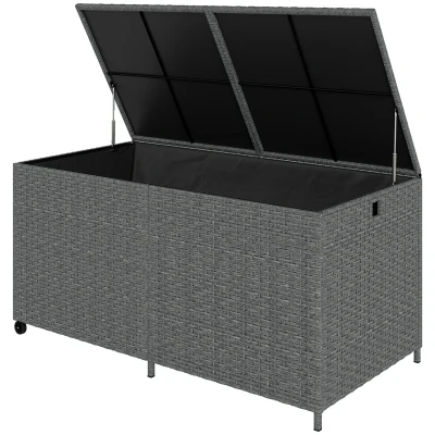 Outsunny 162 Gallon Rattan Deck Box with Wheels, Wicker Outdoor Storage Box with Waterproof Zippered Liner, Safe Pneumatic Rod