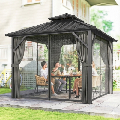 Outsunny 10' x 10' Hardtop Gazebo Canopy with Double Galvanized Steel Roof, Aluminium Frame Permanent Outdoor Gazebo, Dark Grey