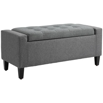 HOMCOM 36" Storage Ottoman Bench, Linen-Look Fabric End of Bed Bench with Solid Wood Frame and Legs, Tufted Storage Chest, Footrest for Living Room, Bedroom, Entryway, Grey