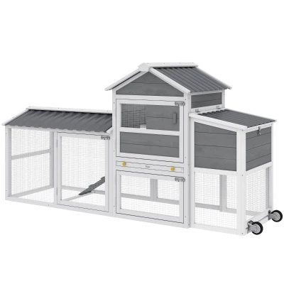 PawHut Chicken Coop with Wheels, 80" L Mobile Hen House with Run, Outdoor Wooden Chicken House with Nesting Box, Tray, Ramp