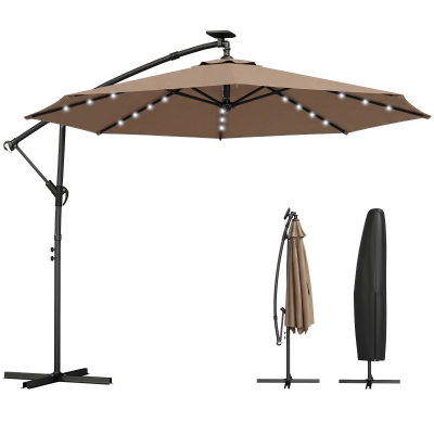 Outsunny 9.7 ft Cantilever Patio Umbrella with Solar Light, Garden Hanging Parasol with Cover, Tilt, Crank, Khaki