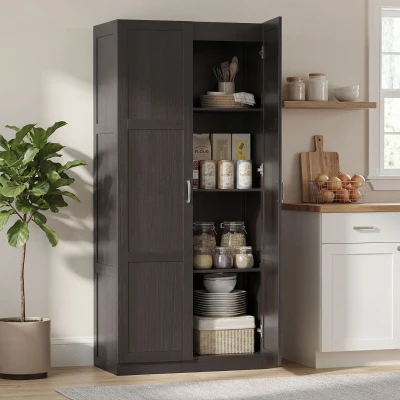 HOMCOM 71" Farmhouse Kitchen Pantry Cabinet with Adjustable Shelves, Brown