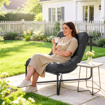 Outsunny Outdoor Patio Chair, Comfy Sling Lounge Chair with Cushion, Breathable Wide Seat, Steel Frame, Dark Grey