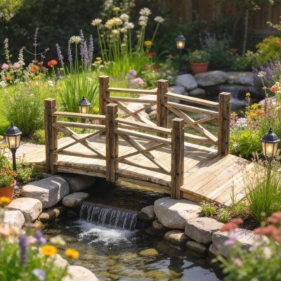 Outsunny Garden Bridge Wooden Arch Footbridge with Safety Rails Carbonized