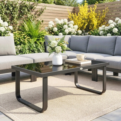 Outsunny Outdoor Patio Coffee Table, Rectangle Metal Side Table with Tempered Glass Tabletop, Adjustable Foot Pads