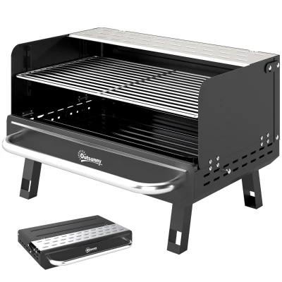 Outsunny Charcoal BBQ Grill, Portable Barbecue Grill with Adjustable Grates, Foldable Legs, Side Shelf for Camping Travel, Black