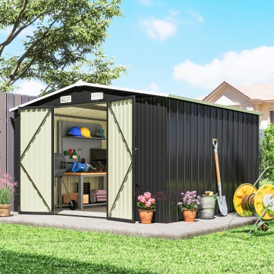 Outsunny 10' x 10' Metal Shed, Heavy Duty Outdoor Storage Shed with 4 Vents and Lockable Double Doors, Dark Grey