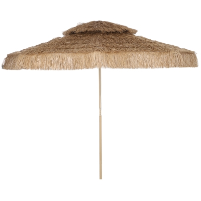 Outsunny 10 ft. Hula Thatched Tiki Patio Outdoor Umbrella with 8 Ribs, UPF30+, for Garden, Backyard, Deck, Pool, Natural