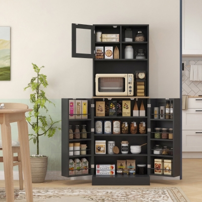 HOMCOM 66.5" Tall Kitchen Pantry Cabinet, Kitchen Hutch, Microwave Cabinet with Adjustable Shelves for Dining Room, Black