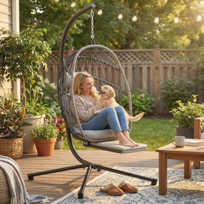 Outsunny Outdoor Hanging Egg Chair with Retractable Footrest Swing Chair with Metal Stand Light Grey