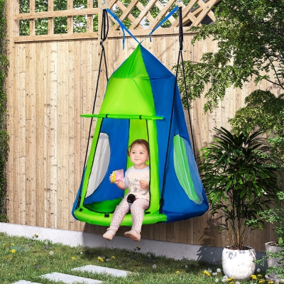 Outsunny Kids Hanging Tree Swing Tent, Waterproof Sensory Swing with Windows, Rolling Door, for Indoor & Outdoor, Green