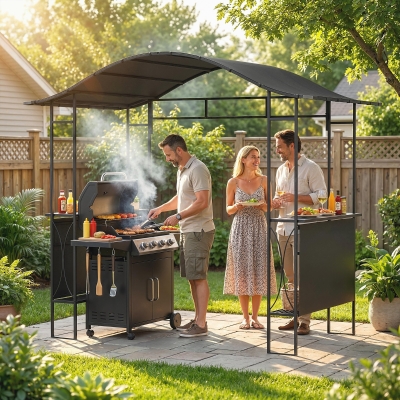 Outsunny 8' x 5' Grill Gazebo Canopy, Outdoor BBQ Shelter with 2 Side Shelves, Dark Grey