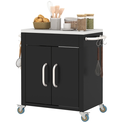 Outsunny Outdoor Grill Cart with Stainless Steel Top, Pizza Oven Table with Wheels Hooks Cabinet Handles,  Black