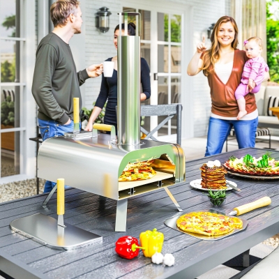 Outsunny Outdoor Pizza Oven, Portable Wood Pellet Pizza Oven with Pizza Stone and Peel, Foldable Legs, Chimney