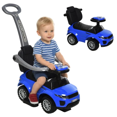 Aosom 3 in 1 Kid Ride on Push Car Sliding Car, Ride on Toy for Boy Girl Toddlers 18-36 Months, with Horn Music Light Function Secure Bar, Blue