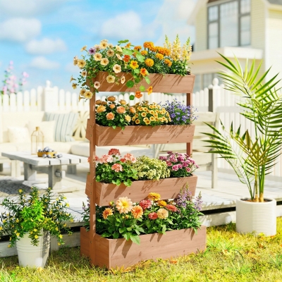Outsunny 4-Tier Raised Garden Bed, 33.5" x 18" x 55" Vertical Wooden Outdoor Planter Box with Drainage Holes and Fabric Liner