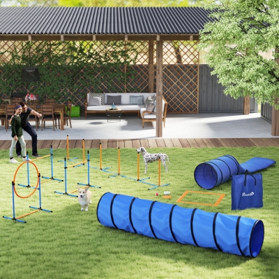 PawHut 11-Piece Dog Agility Training Equipment Set, Pet Obstacle Course with 2 Tunnels, Adjustable Jumps, Orange Blue