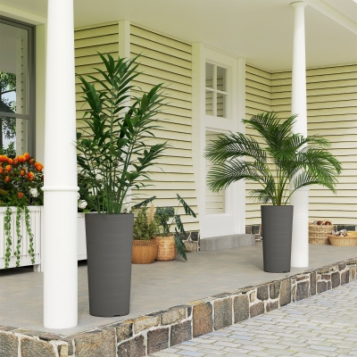 Outsunny 24" Tall Planters Set of 2, Indoor Outdoor Plastic Flower Pots with Inner Bucket and Drainage Holes, Dark Gray