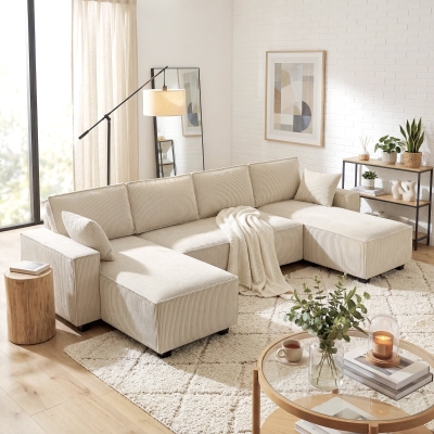 HOMCOM Modular U Shaped Couch, Sectional Sofa with Double Chaises and Spring Cushions, Beige