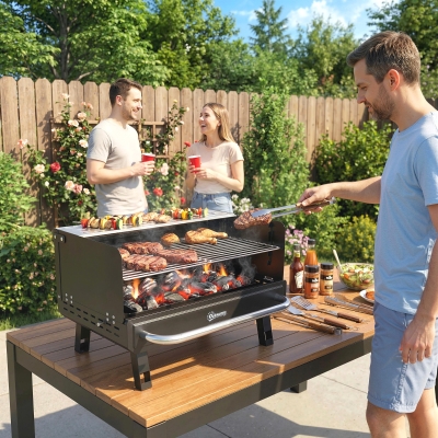 Outsunny Charcoal BBQ Grill, Portable Barbecue Grill with Adjustable Grates, Foldable Legs, Side Shelf for Camping Travel, Black