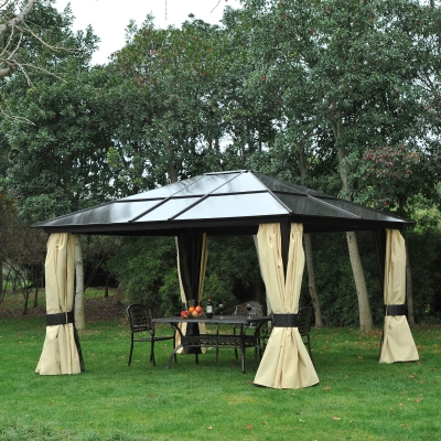 Outsunny 12' x 14' Hardtop Gazebo Canopy with Polycarbonate Roof, Aluminum Frame, Netting and Curtains, Brown