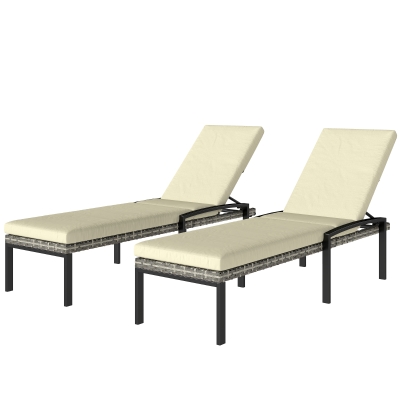 Outsunny Chaise Lounge Chairs Outdoor, Set of 2 Wicker Patio Lounge Chairs with 5-Level Adjustable Backrest, Cushion