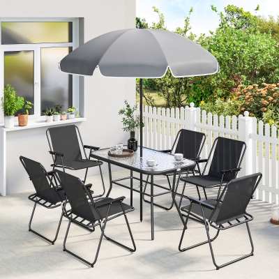 Outsunny 8 Piece Patio Table and Chairs Set with Folding Chairs, Tempered Glass Tabletop and Umbrella for Garden, Black