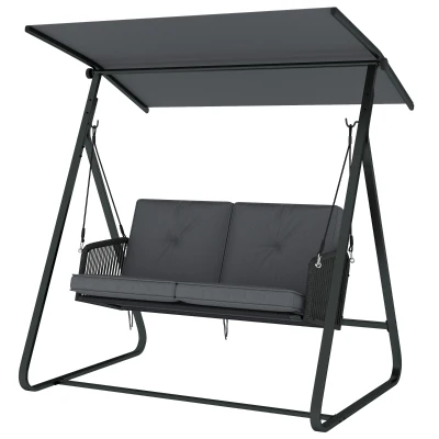 Outsunny 2-Person Outdoor Patio Porch Swing with Adjustable Canopy, Rattan Hanging Swing Bench with Soft Cushions