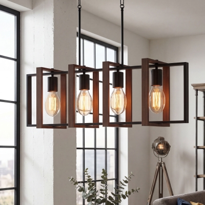 HOMCOM Farmhouse Kitchen Island Lighting, Linear Pendant Light with 4 Rotatable Frames and Adjustable Height, Walnut