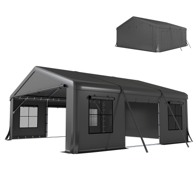 Outsunny 20' x 20' Heavy Duty Carport, Portable Garage Car Canopy Tent Shelter with 3 Roll-up Doors, 4 Windows, Dark Grey