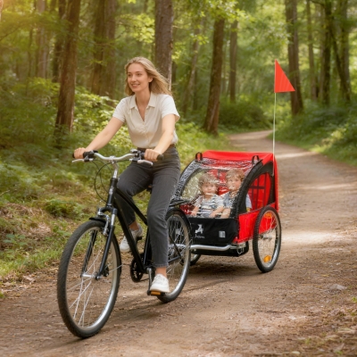 Aosom 2-Seat Child Bike Trailer for Kids with a Strong Steel Frame, 5-Point Safety Harnesses, & Comfortable Seat, Red