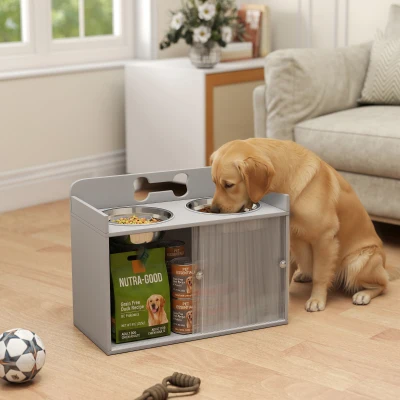 PawHut Elevated Dog Bowl Stand with Storage & 2 Stainless Steel Bowls, Gray