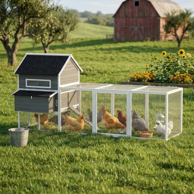 PawHut 137" Wooden Chicken Coop with Chicken Run, Nesting Box, Dark Grey