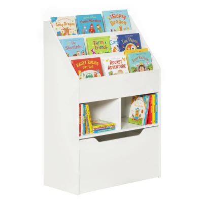 HOMCOM Kids Bookshelf Bookcase, Montessori-Inspired Multi-Shelf Rack Organizer with Moveable Drawer for Books for Reading Nook, Classroom, Bedroom, Playroom, White