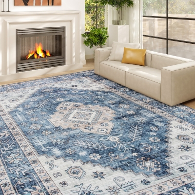 HOMCOM 8x10 Area Rug, Vintage Machine Washable Rug, Non-Slip Floor Carpet for Living Room, Bedroom, Dining Room, Blue