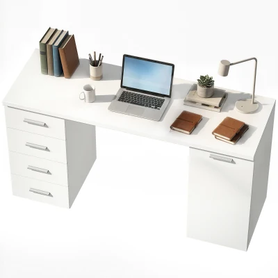 HOMCOM 140 cm Computer Desk with Adjustable Shelf Home Office Desk with Drawers and Cabinet White Wood Grain