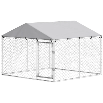 PawHut 7.5' x 7.5' x 5.6' Outdoor Dog Kennel Heavy Duty Galvanized Steel Chain Link with UV-resistant Roof, Silver