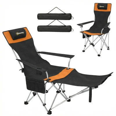 Outsunny Set of 2 Reclining Camping Chair with Foot Rest, Folding Camping Chair w/ Headrest, Cup Holder, Storage Bag, Orange