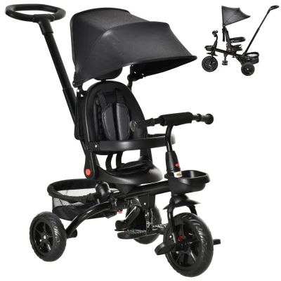 Qaba Tricycle for Toddler 4 in 1 Kids Trike with Reversible Adjustable Seat, Baby Push Bike with Removable Handle, Curved Canopy, Belt Storage Brake Clutch for 1-5 Years, Black