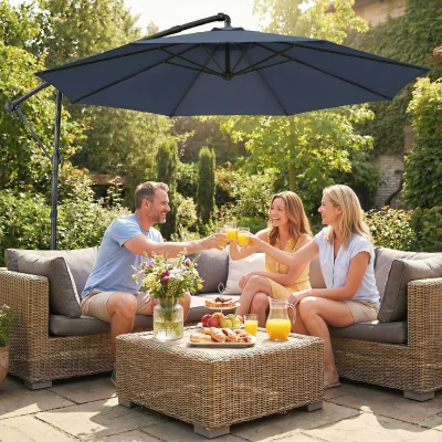 Outsunny 10 ft Offset Patio Umbrella, 360° Rotation, Navy Blue