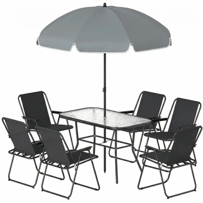 Outsunny 8 Piece Patio Table and Chairs Set with Folding Chairs, Tempered Glass Tabletop and Umbrella for Garden, Black