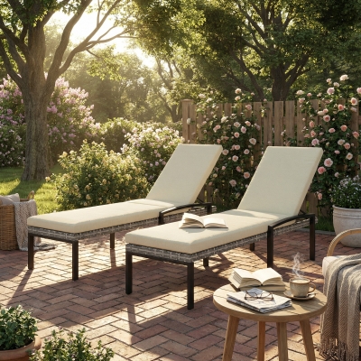 Outsunny Chaise Lounge Chairs Outdoor, Set of 2 Wicker Patio Lounge Chairs with 5-Level Adjustable Backrest, Cushion