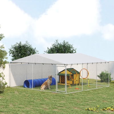 PawHut 14.8' x 14.8' x 7.1' Dog Kennel Outdoor for Small Medium Large Dogs with Waterproof Cover, Silver